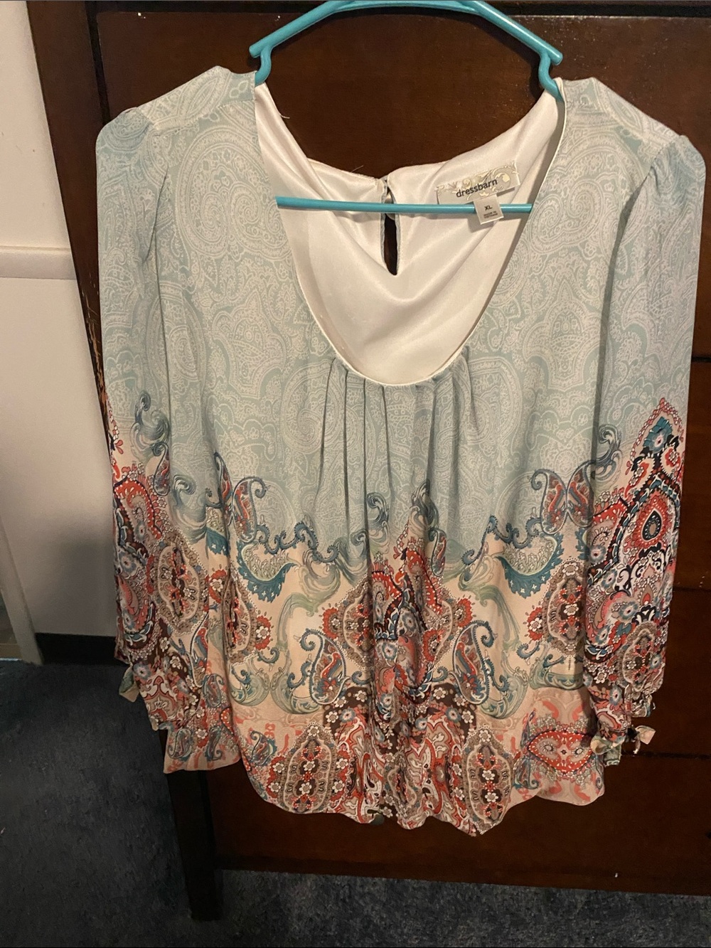 dressbarn Light Blue Paisley Mix Peasant Top with Coral Accents